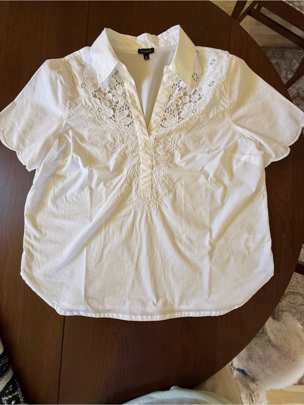 Talbots White Lace Yoke Short Sleeve Blouse
